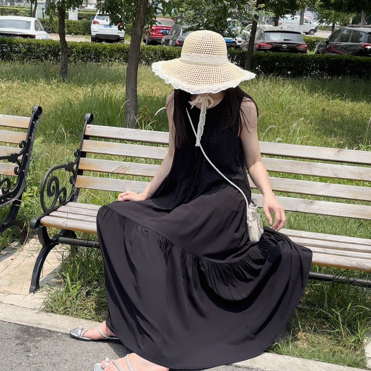 6691#棉绸纯色圆领无袖连衣裙长裙开扣款显瘦飘逸夏季大摆裙