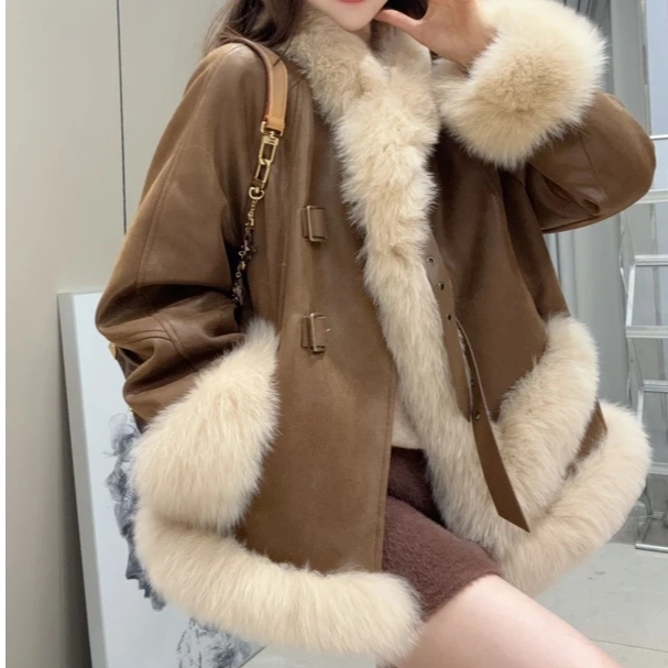 【白鸭绒内胆】麂皮绒外套长袖拼接保暖千金风秋冬皮草外套羽绒服