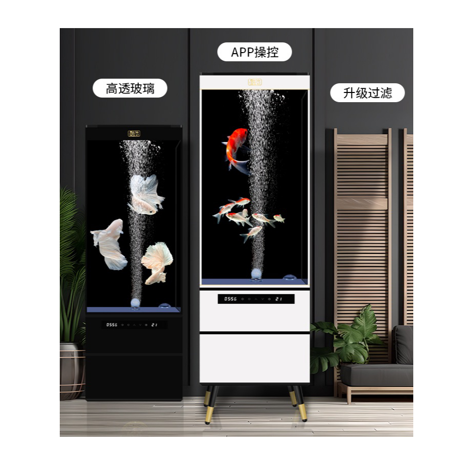无品牌鱼缸先生2025新款客厅超白金晶五线免换水鱼缸轻奢水族