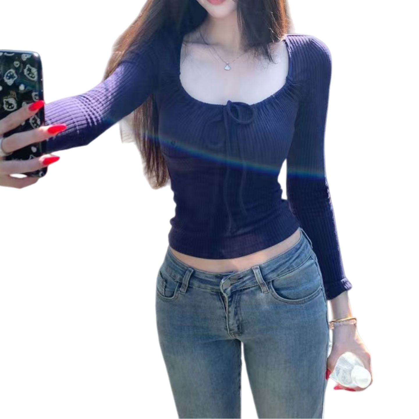 爆单猪家纯和欲长袖女秋季坑条方领显白打底衫上衣