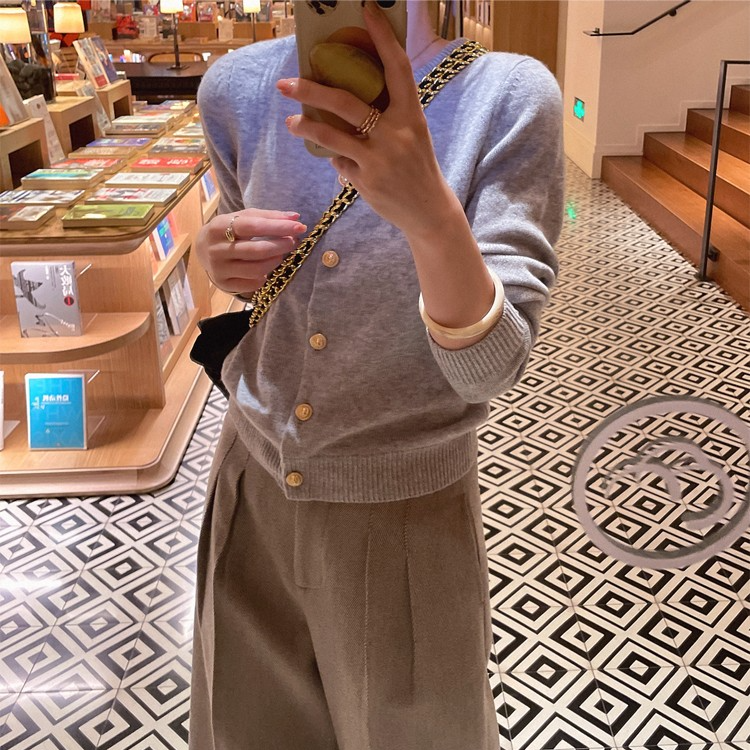 高级灰100%纯山羊绒衫开衫外套 秋冬厚款羊绒针织衫毛衣女