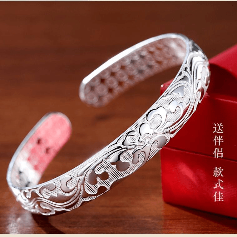 足银手镯 足银999.9繁花似锦开口手镯手工时尚百搭简约经典镯子