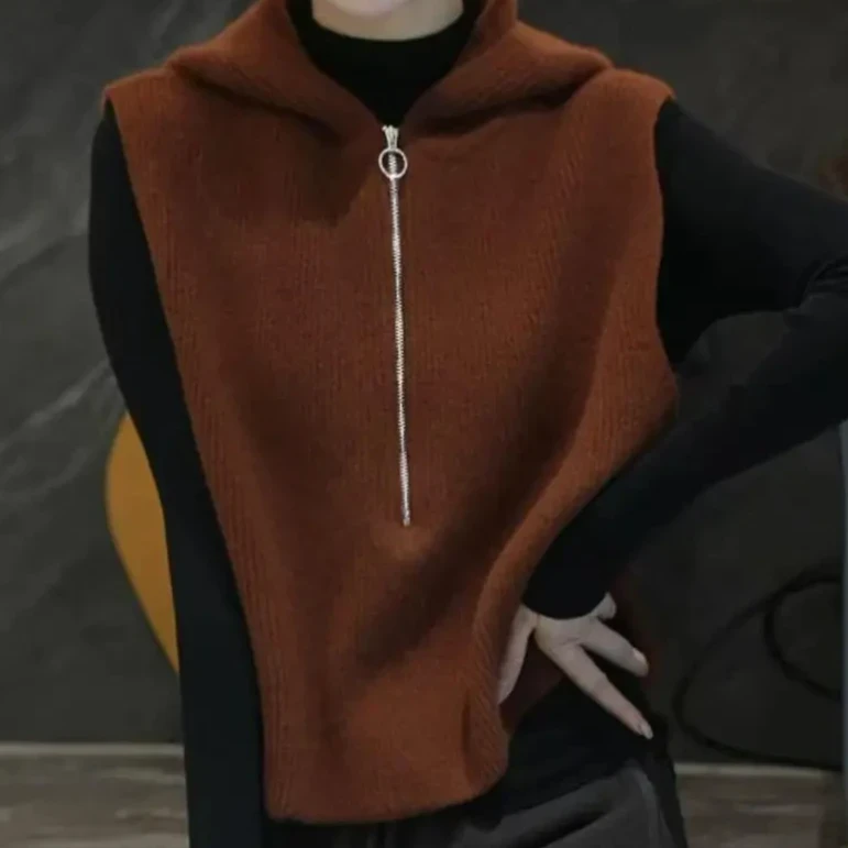 【松弛感】欧货高端纯色无袖针织马甲2025秋季连帽设计感马夹上衣女