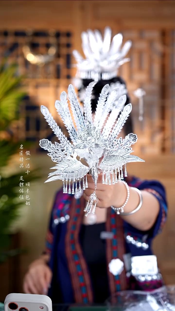 珐琅足银11尾凤凰头钗