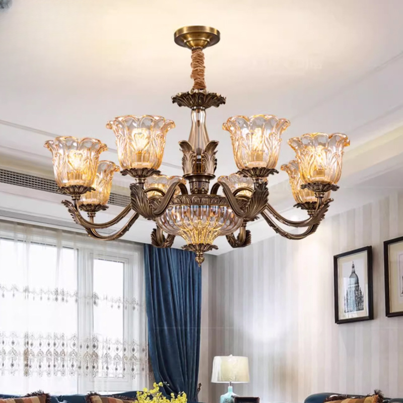 新品美式复古别墅吊灯全铜客厅灯具欧式大气餐厅灯卧室灯现代灯具