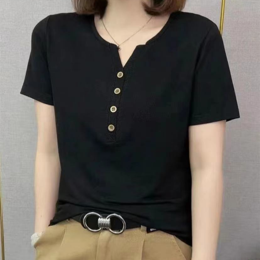 2025春夏季新款时尚百搭遮肉显瘦显气质洋气休闲纯色v领修身短袖