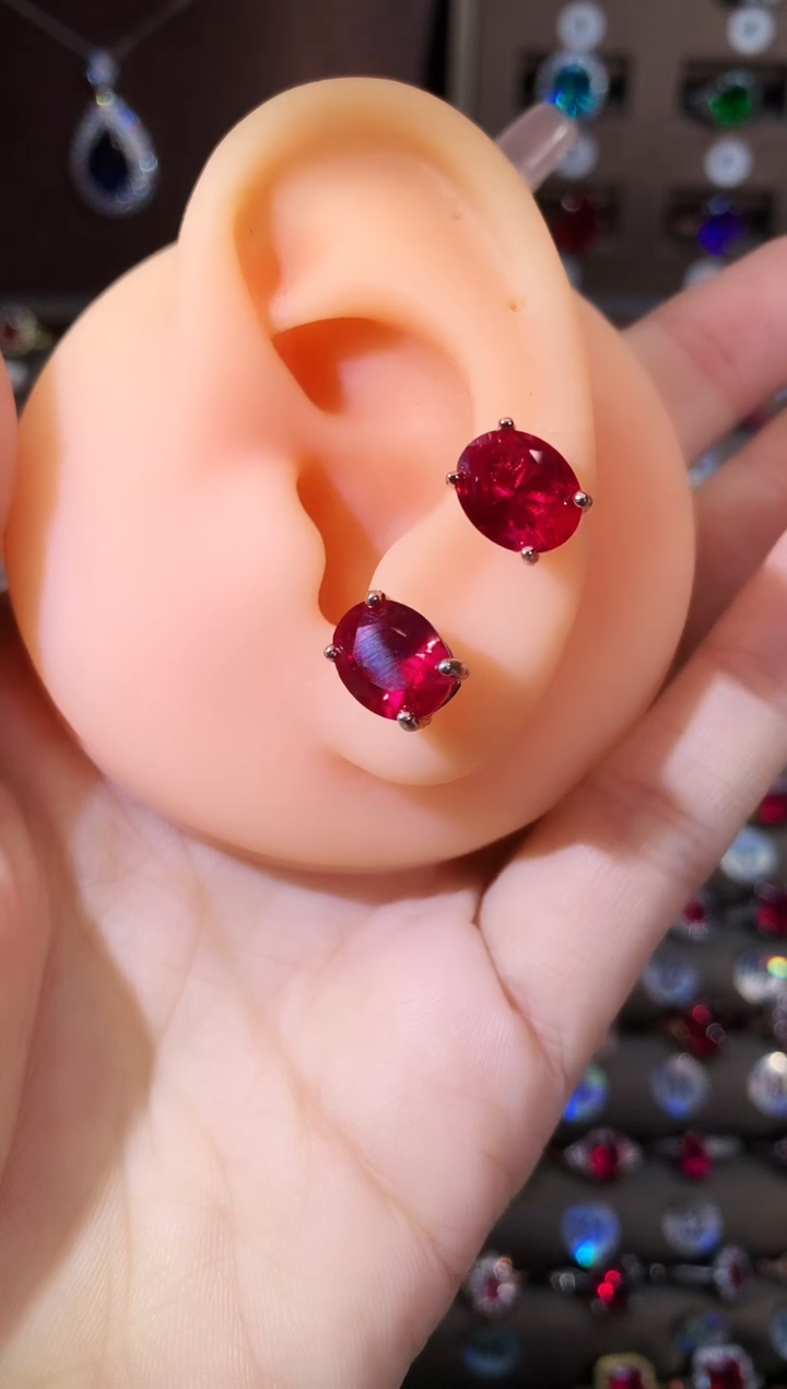 银S925镶嵌耳饰红宝石810玫瑰金