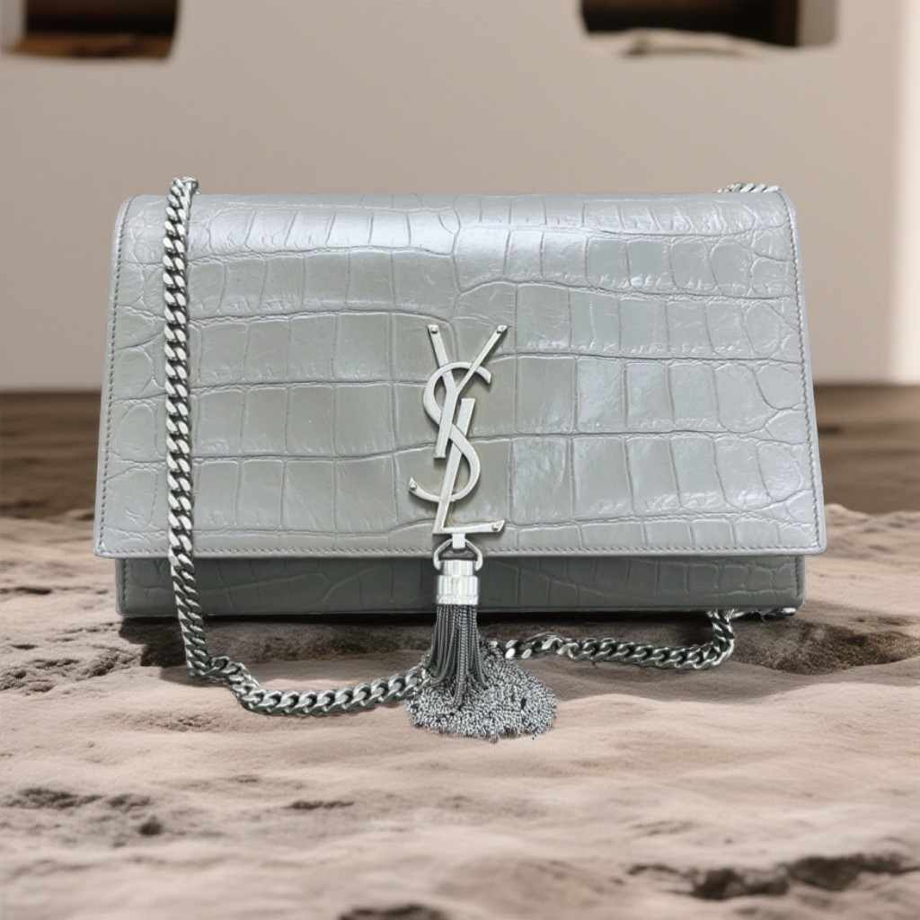 95新 YSL/圣罗兰   大象灰鳄压流苏kate链条包 1794 9156 