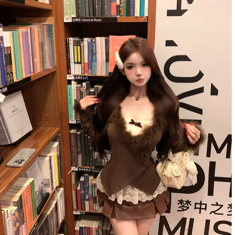 【焦糖咖啡】韩版修棕色身显瘦纯欲辣妹小众开衫套装
