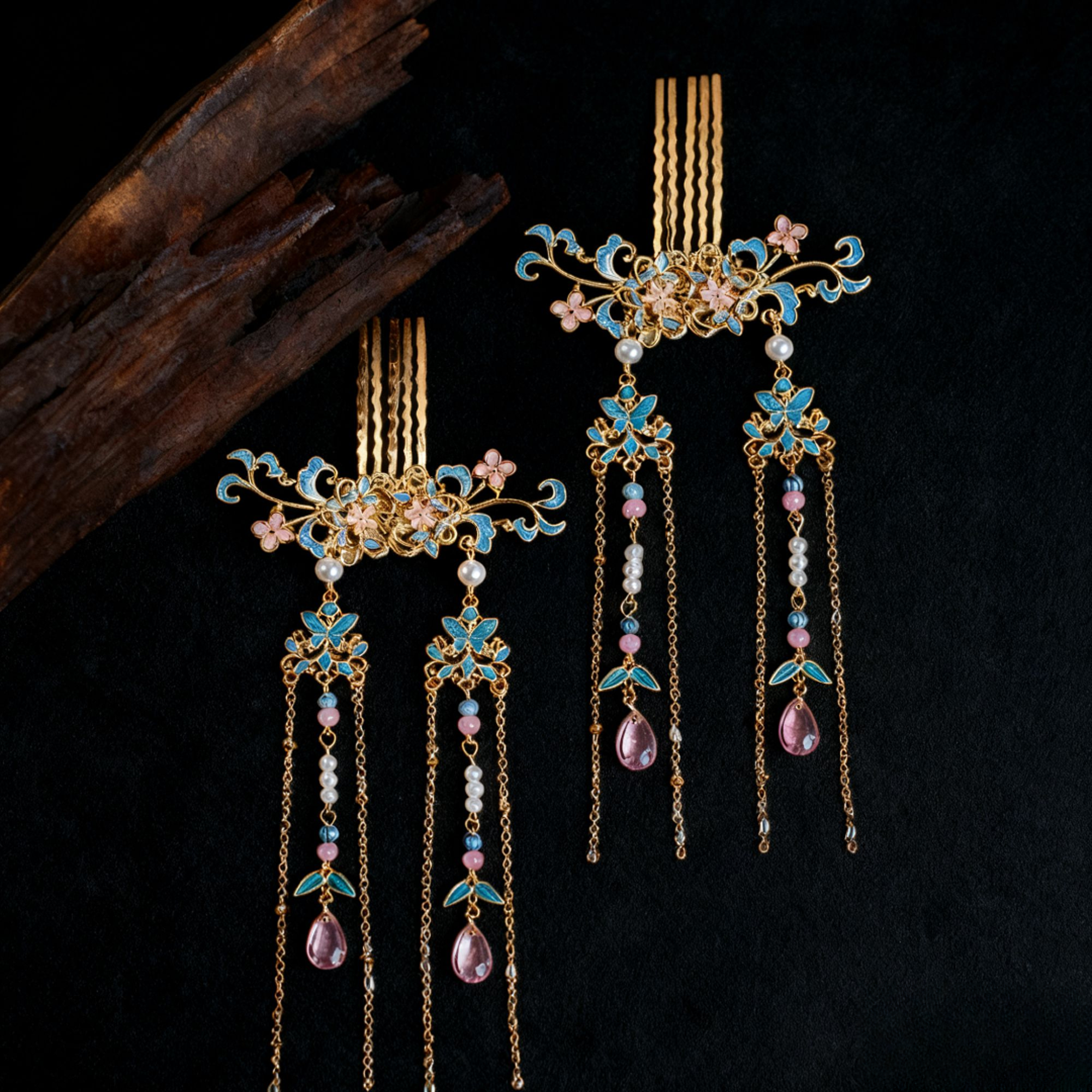 【蓝粉金梳】国风景泰蓝发梳一对汉服长流苏发簪古风唐风明制A256