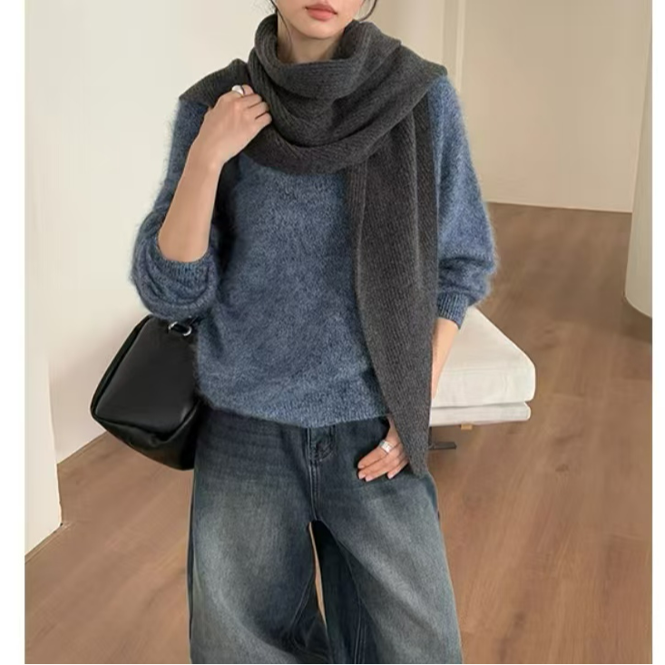 【蓝眼泪羊毛羊绒】无缝一体 秋冬宽松圆领针织衫