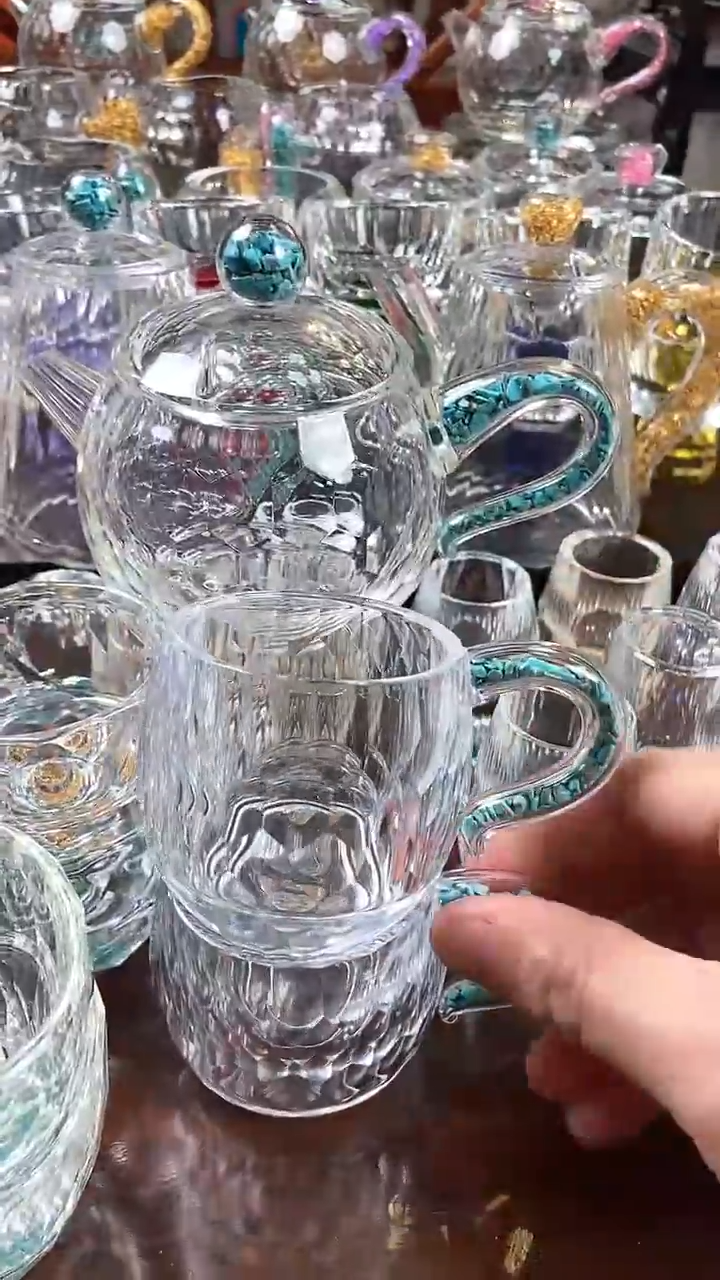 【闪购商品】水晶西施壶绿松石+弯把小茶碗绿松石2个