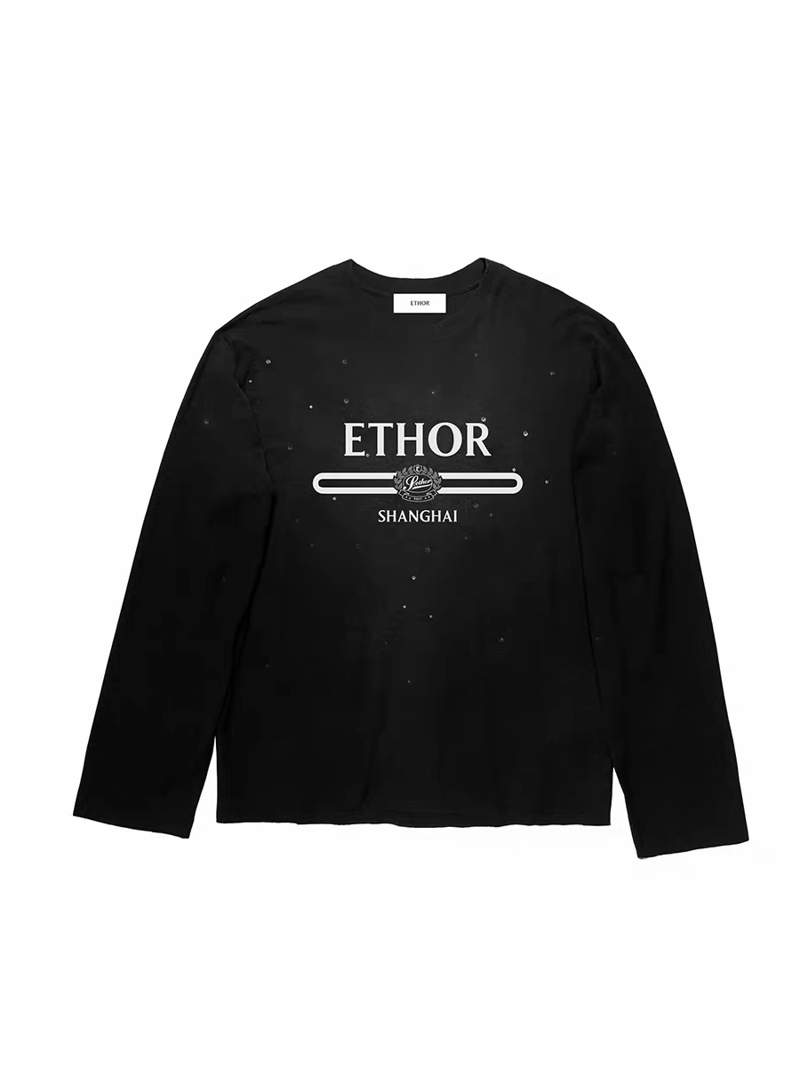 ETHOR 设计师品牌25新款秋冬 黑色做旧烫钻长袖