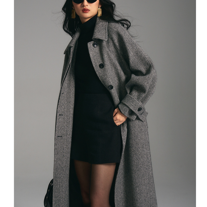 法式御姐重磅人字纹羊毛大廓形长款毛呢大衣外套女13983