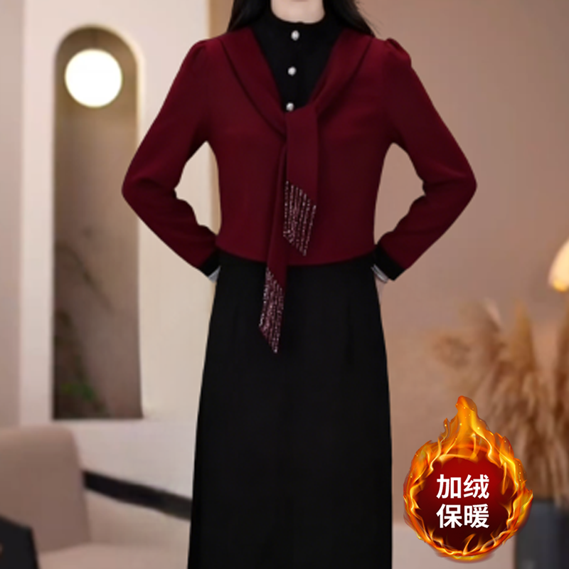 2025秋冬款长袖拼接端庄大气修身显瘦气质时尚百搭中长款围巾裙子