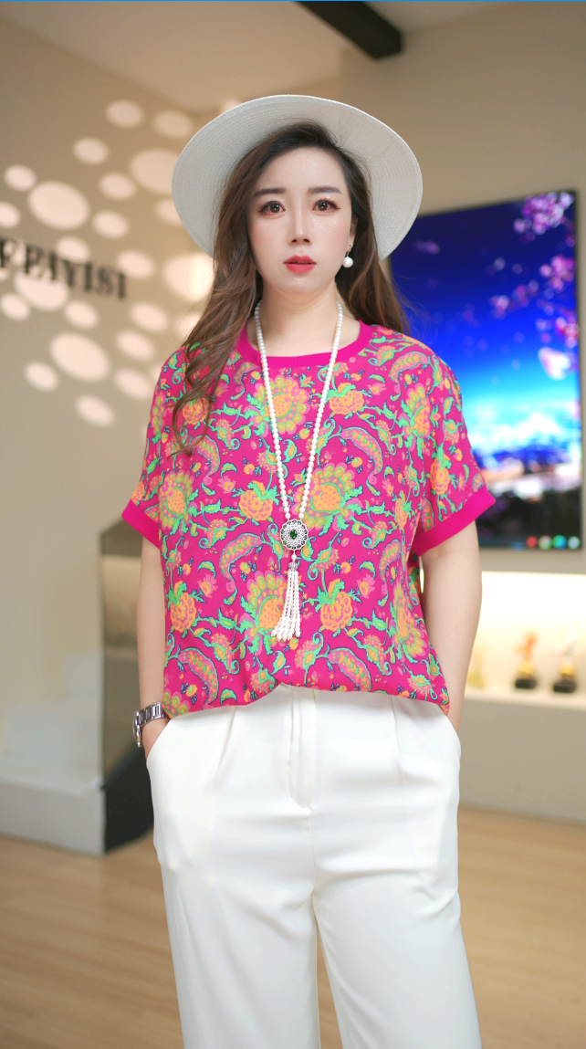 夏季爆款圆领宽松透气凉爽红色花洋气时尚减龄显瘦设计感上衣休闲