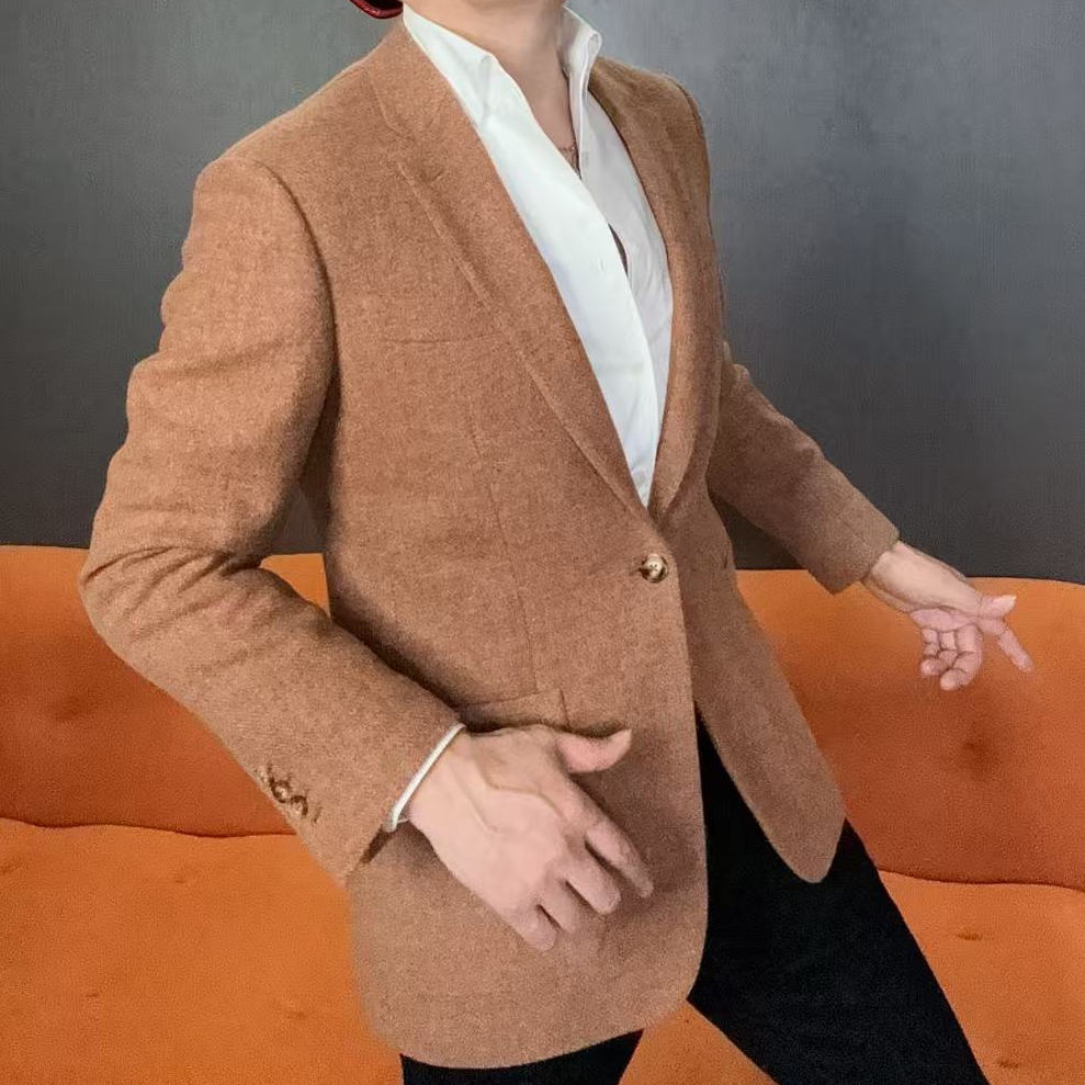 L男士冬季单西毛呢厚款气质简约西服上装单开叉设计一粒扣外套