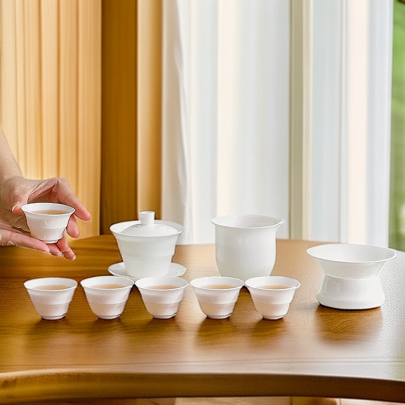 潮州骨瓷竹节套装盖碗100毫升杯子6只35毫升公道杯160毫升加漏网