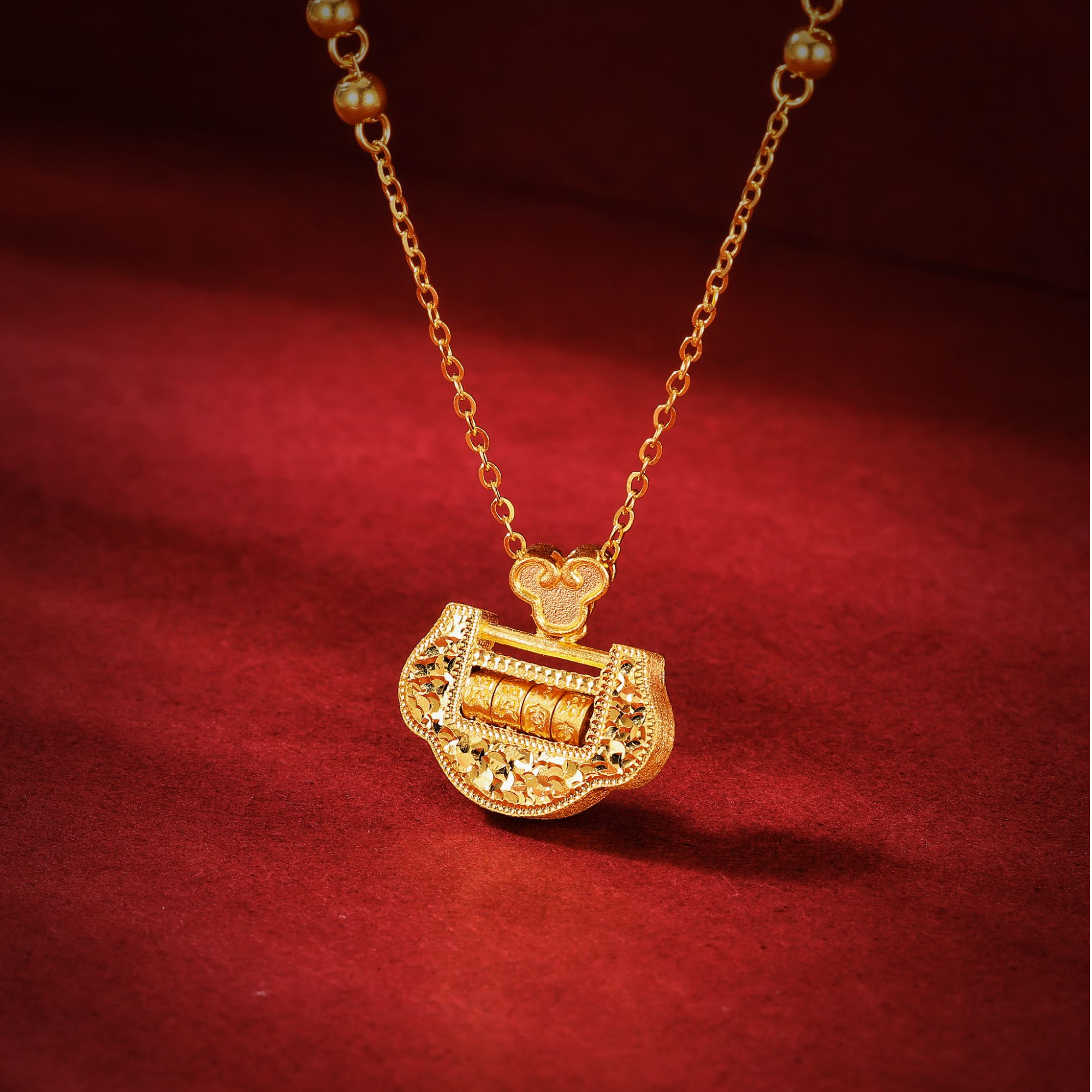 12期免息【中国黄金】足金星芒金锁套链国潮复古转运轮项链祈福纳祥