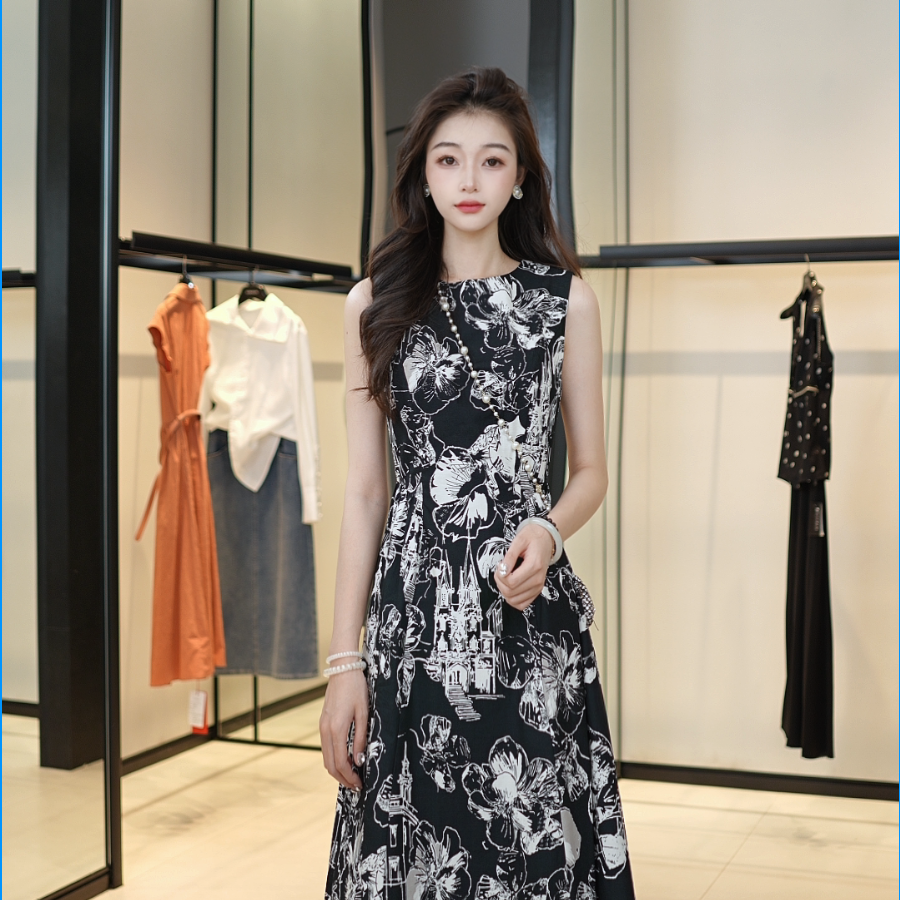 GIRDEAR/哥弟新款印花A字裙夏日法式气质收腰显瘦连衣裙150016