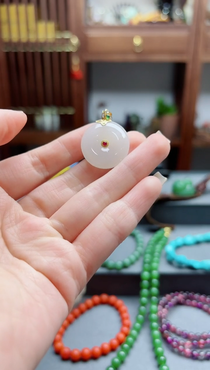 和田玉18K金镶嵌颈饰18K金白玉平安扣吊坠MY赠链