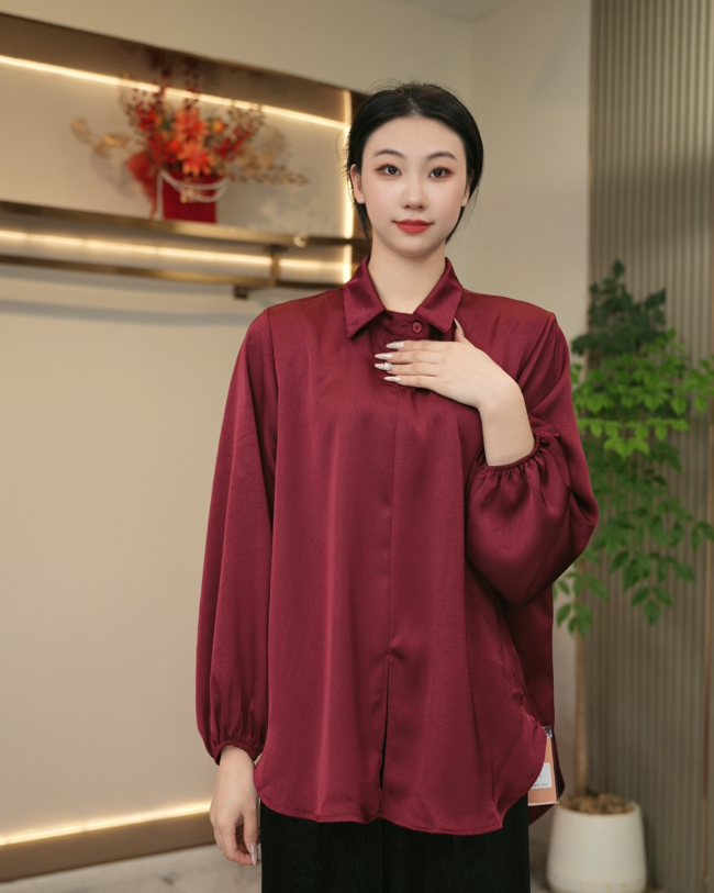 043/上衣长袖不对称小衫衬衫带纯色宽松洋气POLO领大码