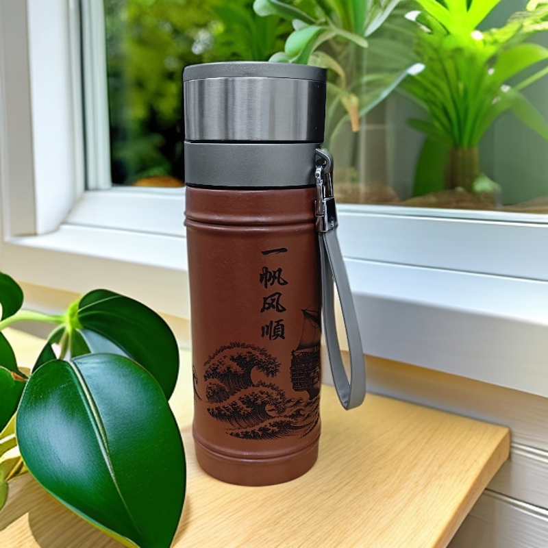 宜兴紫砂   龙血砂刻绘一帆风顺 双层车载便携杯 