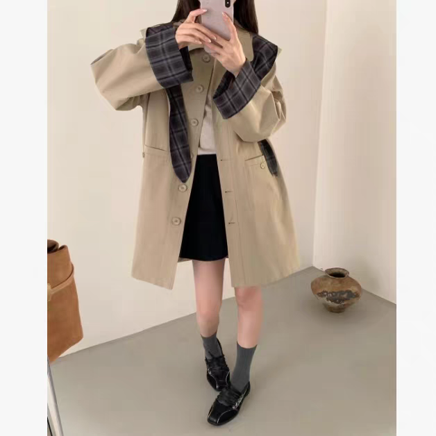 可脱卸连帽格子中长款秋季女士风衣外套宽松显瘦百搭