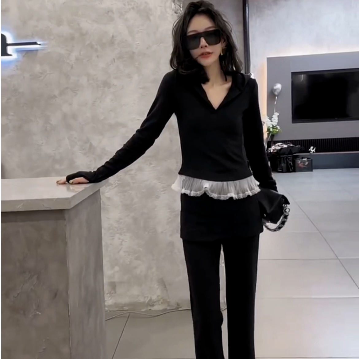 2025休闲拼接蕾丝气质百搭修身两件套