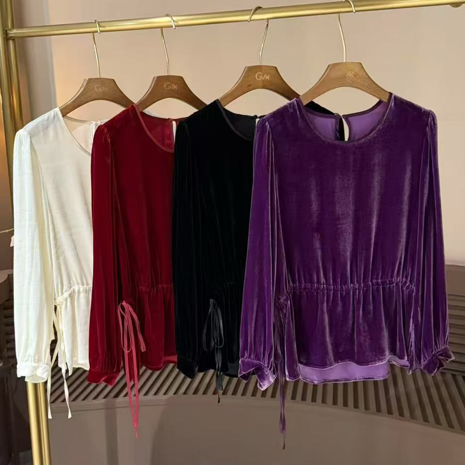 【内在美】真丝丝绒抽绳收腰长袖上衣yy