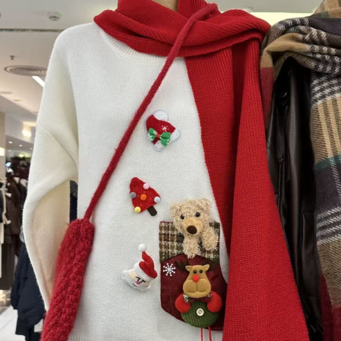 072 冬季新款宽松洋气可爱卡通立体玩偶圣诞氛围感毛衣女