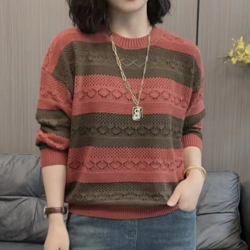 薄款针织衫女2026新款春季洋气韩版百搭宽松显瘦圆领长袖镂空上衣商品图