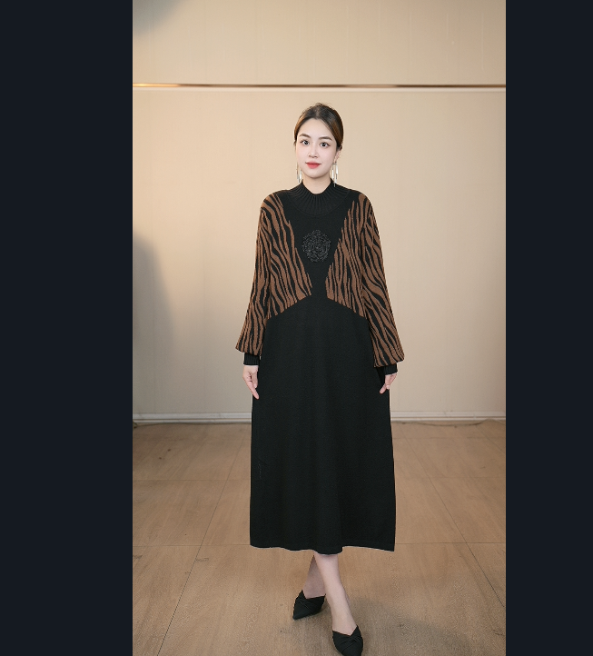 【嘉施兰格】1736高级拼接豹纹连衣裙2025冬季山茶花中长款裙子潮流