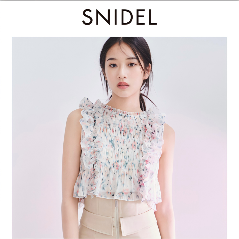 SNIDEL2024无袖荷叶边露背系带碎花雪纺衬衫SWFB242165