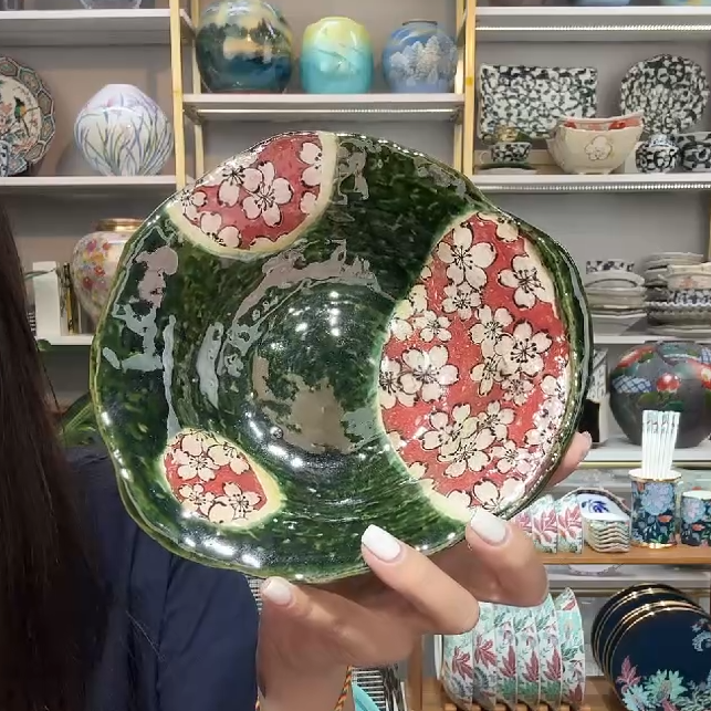 新品三【单支】日本进口濑户烧织部舞樱三足异型盘17.8cm