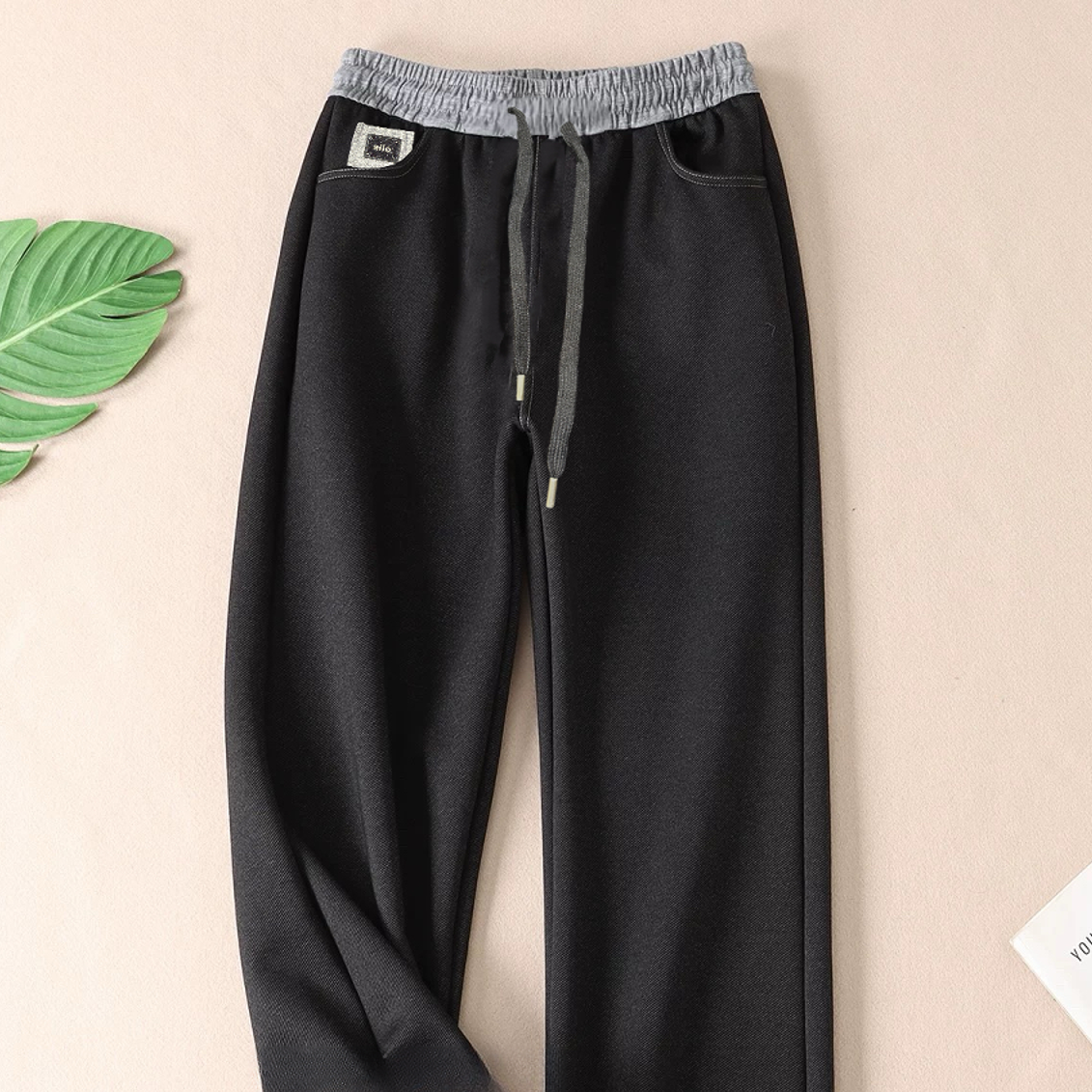 6252复合款拼色腰明线松紧腰带口袋阔腿裤牛仔裤春秋款女 