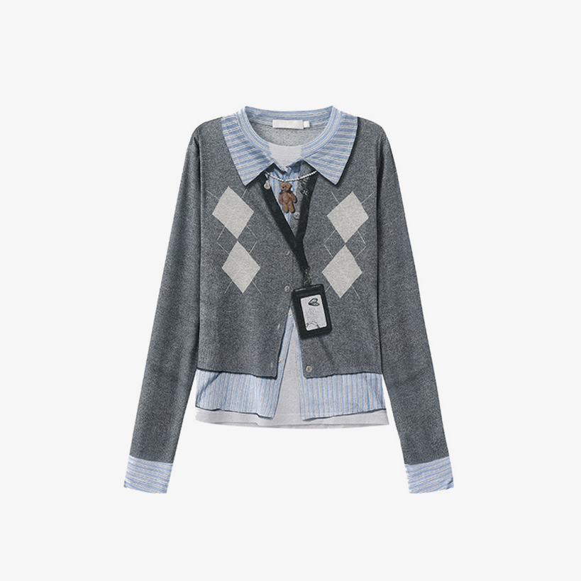 【T恤】25早秋新款趣味假两件3D印花工牌菱格打底衫D6963