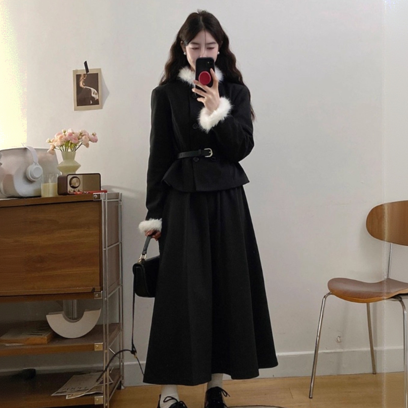 加绒大码连衣裙胖mm法式小香风毛领夹棉外套高腰气质半身裙套装