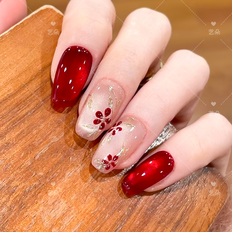 【红楼梦花】穿戴甲美甲片纯手工制作短款中长款显手白2026新年战甲