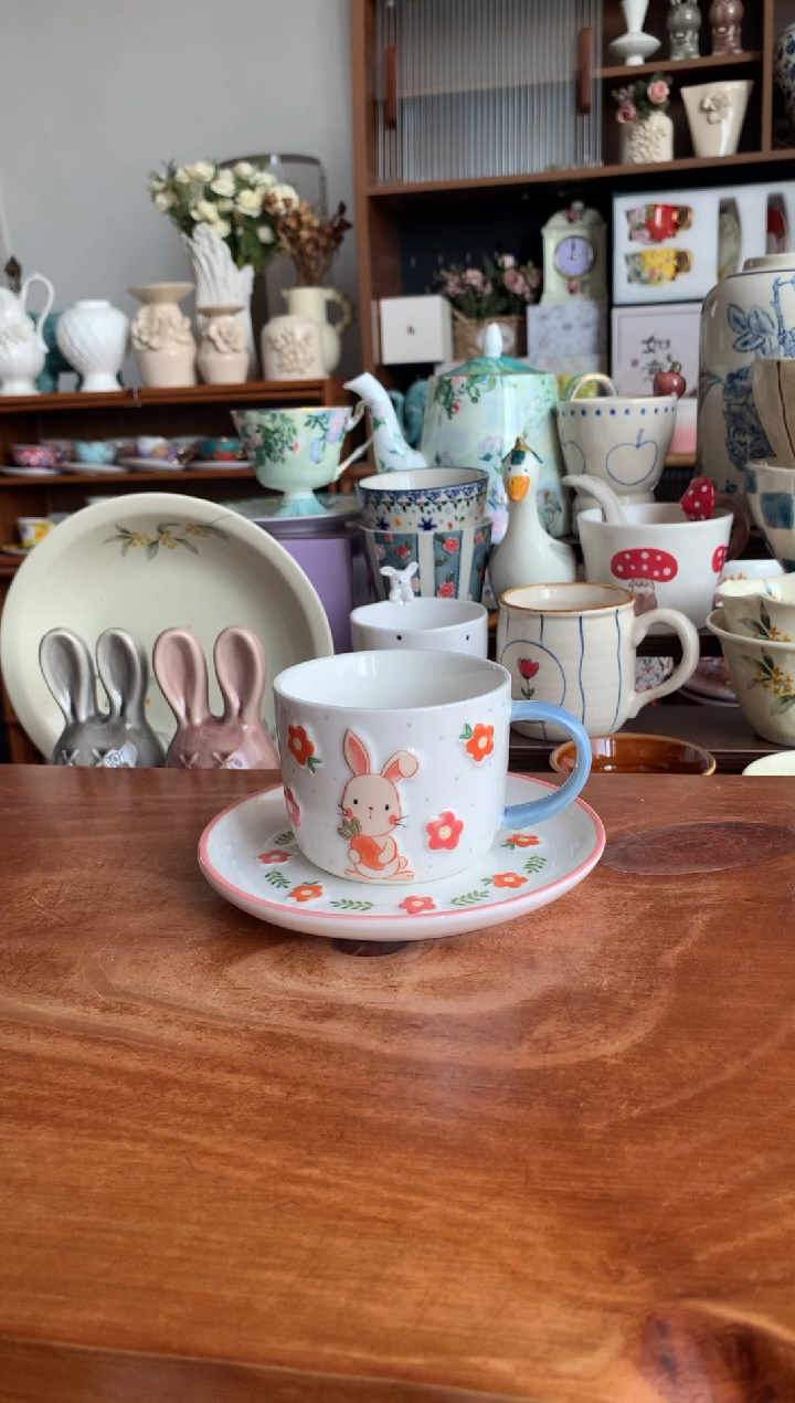 陶瓷【清仓微瑕】田园兔子杯碟