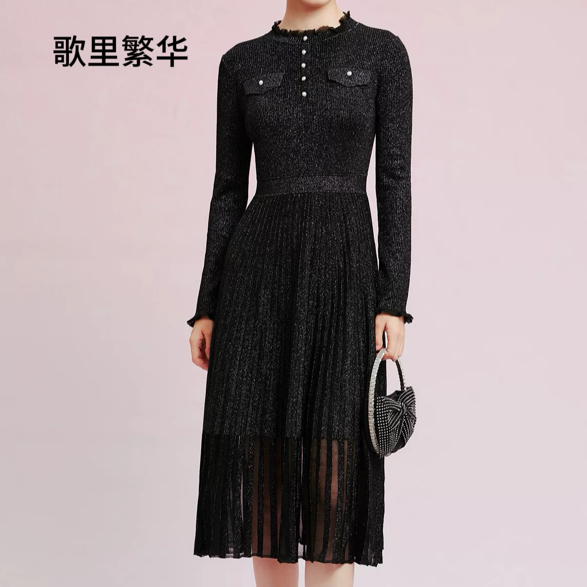 【滢滢专属】L+2024早秋新款圆领钉珠小黑裙气质修身显瘦长裙0168