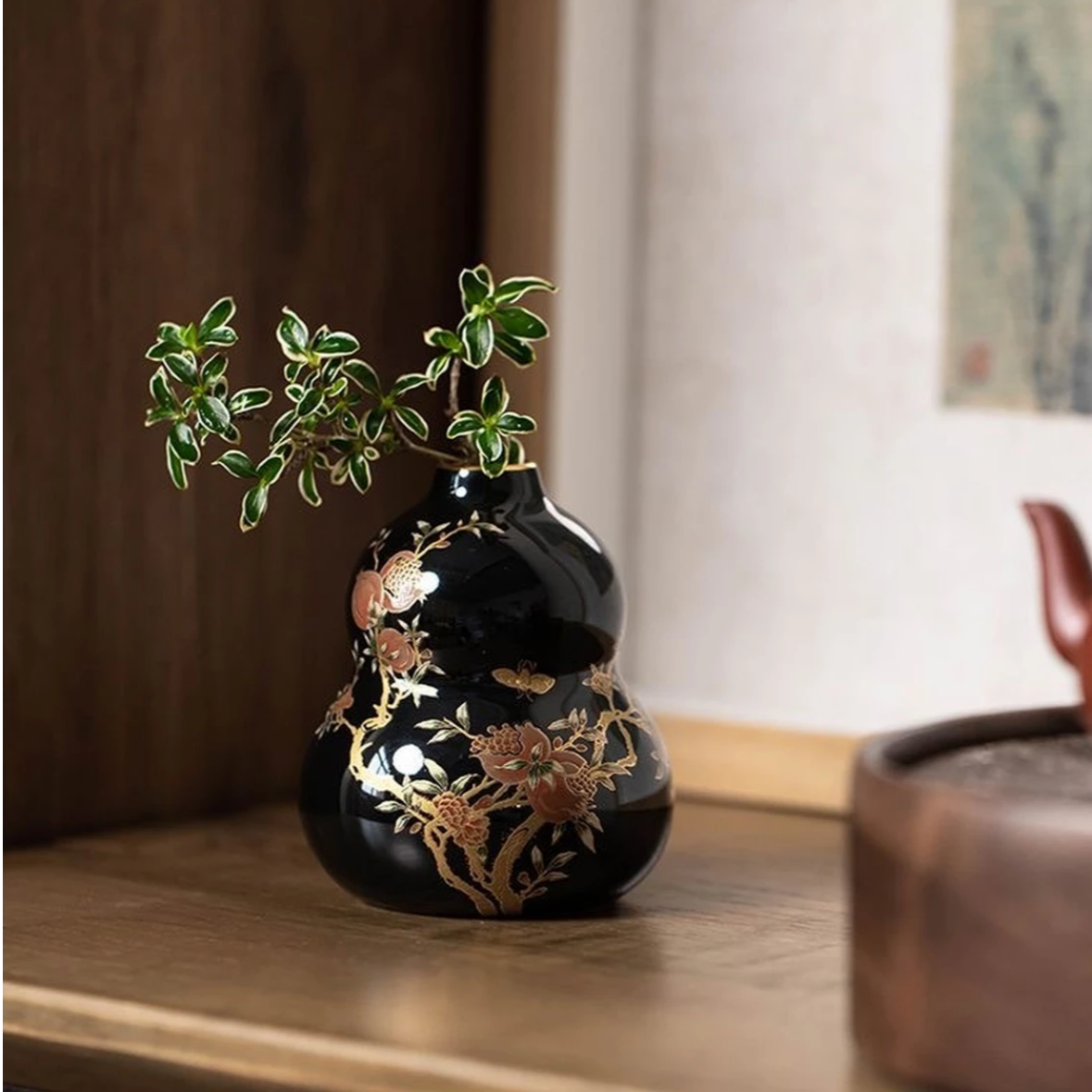 摆件瓷理陶里《石榴花下》黑金葫芦花瓶/瓷理陶里系列ZH295