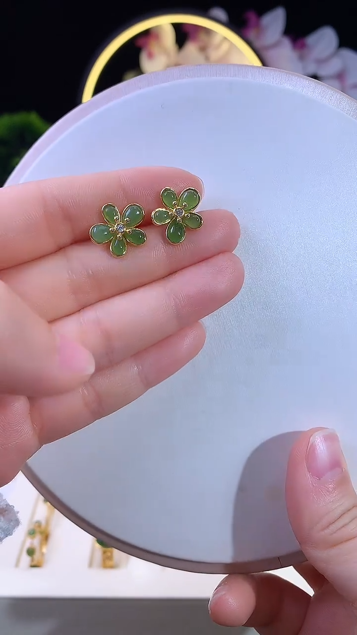银S925镶嵌和田玉耳钉碧玉花花耳钉