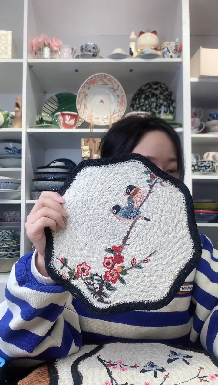 陶瓷孟加拉进口手工编织喜鹊红梅垫子24.5cm