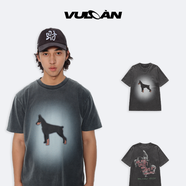 VULCAN杜宾印花字母印花美式vintage宽松春夏做旧水洗圆领短袖TEE