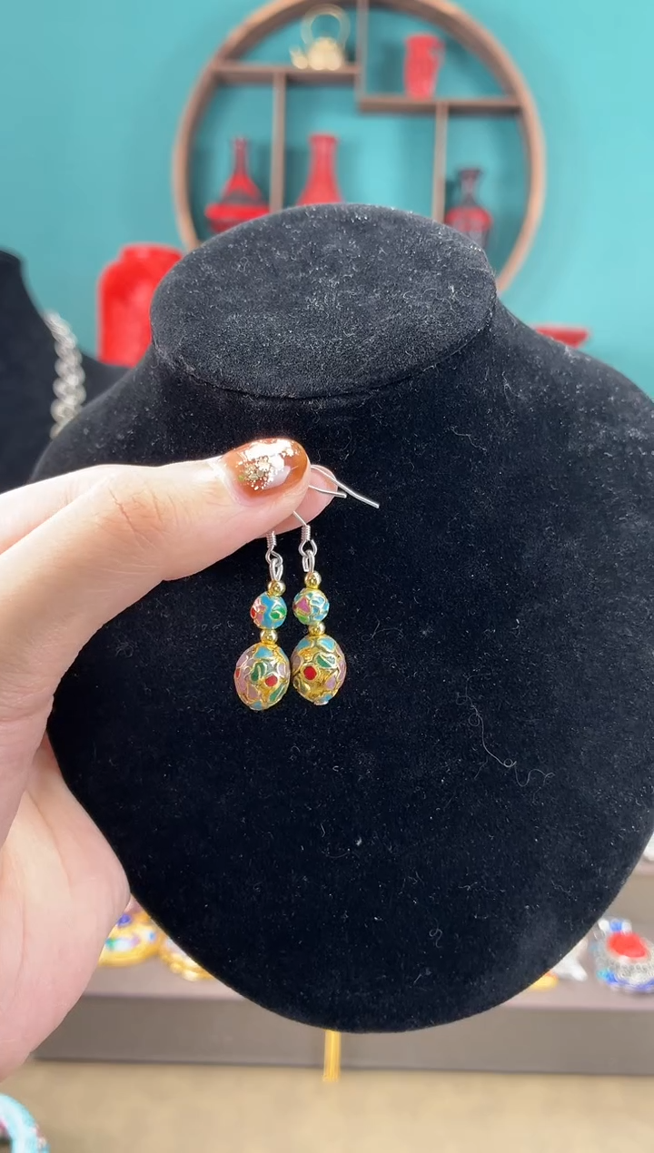 悟*…非遗手工景泰蓝金地枣珠耳环