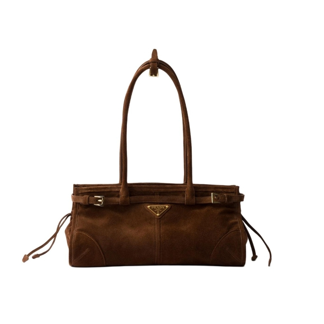 全新未使用 Prada/普拉达 小花攀攀Soft Lux中号 咖啡色皮革C绒面