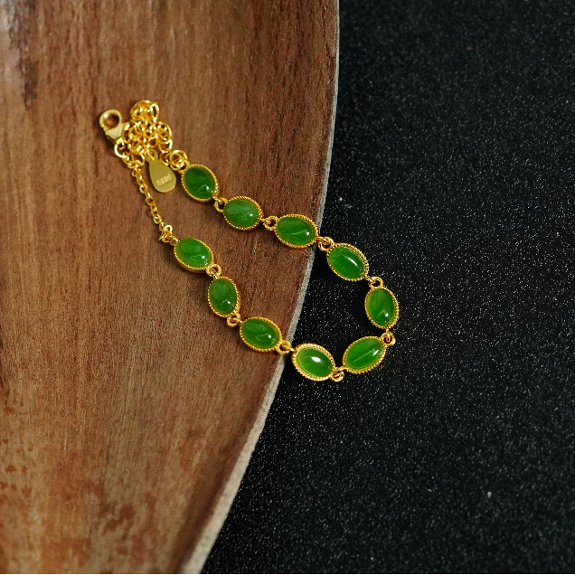 银S925和田玉碧玉旦面手链 AF120806