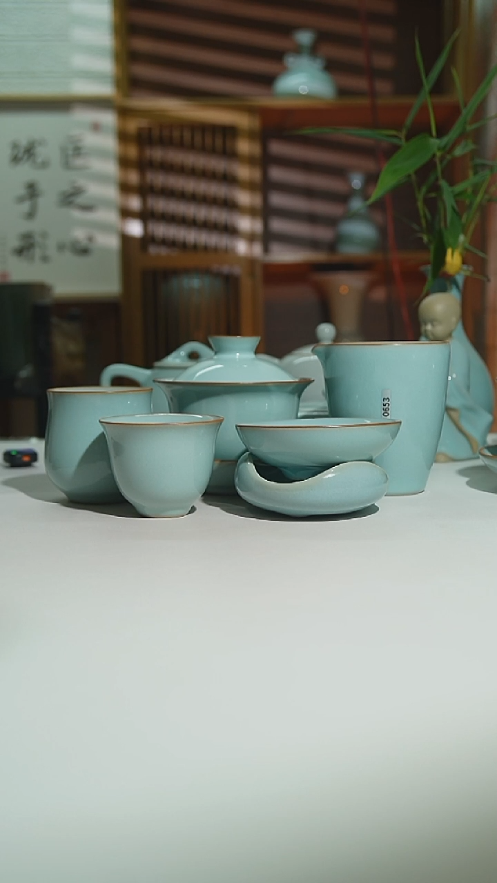珑匠天青玉兰盖碗十件套二级