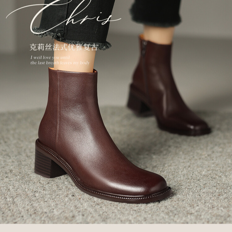 水染皮侧拉链女高跟粗跟靴女靴单靴优雅